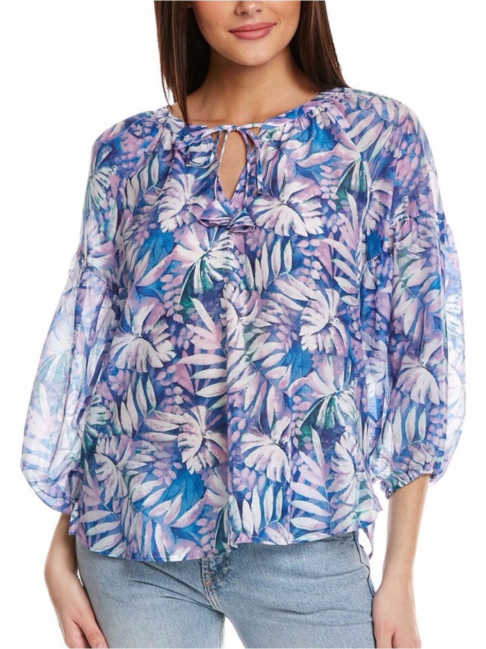 Tommy Bahama Lavender & Blue Tropical Tie-Neck Blouse